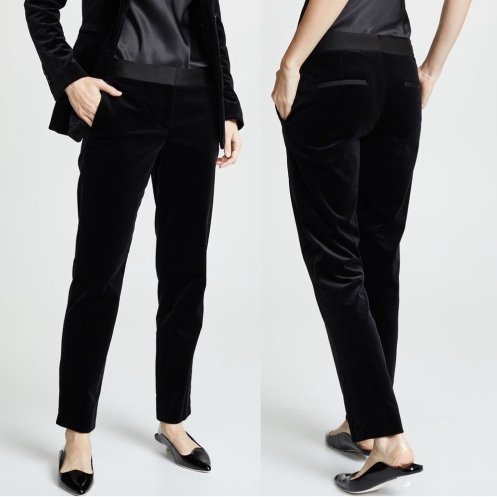 THEORY Black Cotton Velvet Pants Slim Straight Dress Trousers side slit Size 6